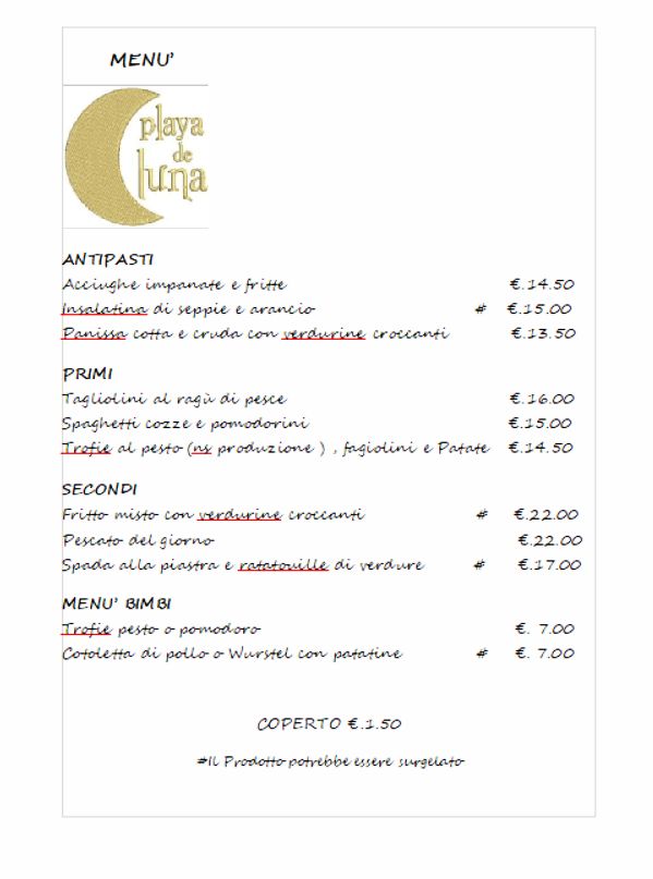 Menu Playa de Luna Maggio 2026